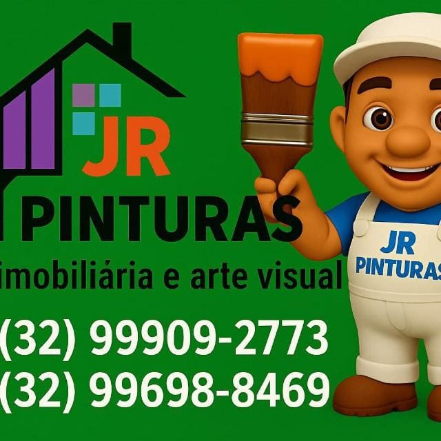 Mascote da JR Pinturas segurando um pincel, com os telefones de contato