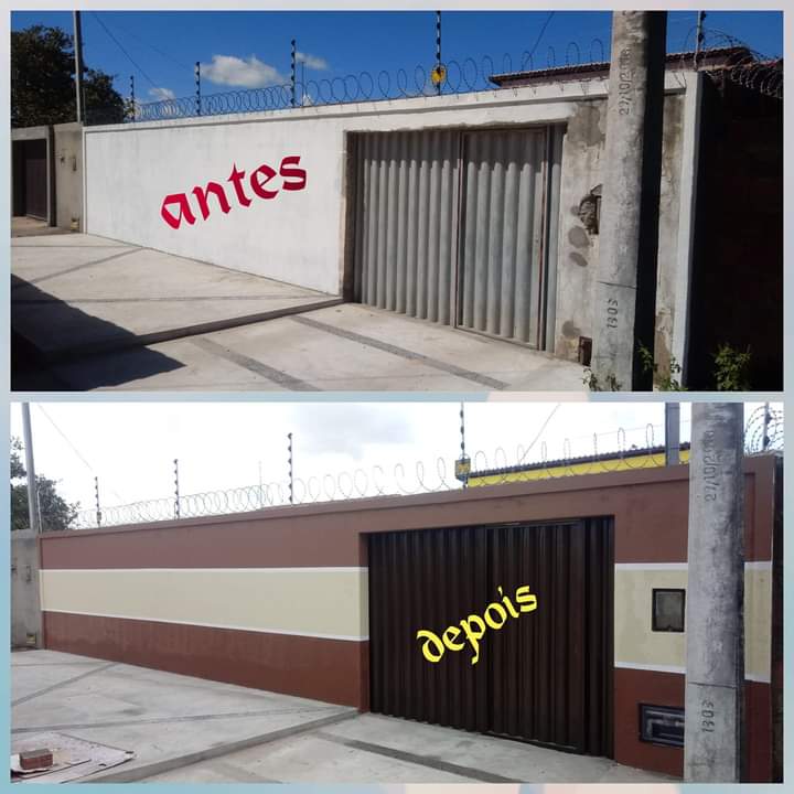 Antes e depois de um muro pintado pela JR Pinturas